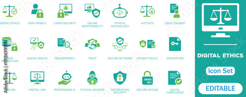 Digital ethics and AI governance solid icon set. Professional symbols for cyber security, data privacy, responsible artificial intelligence, transparency, and online safety perfect flat vector icons.