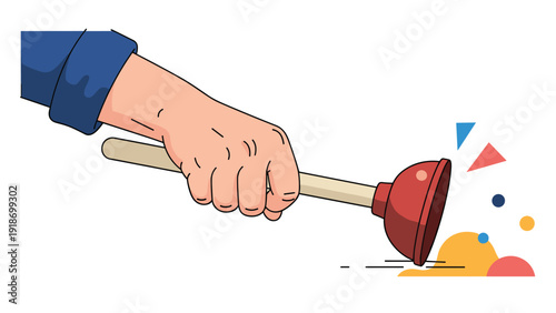 Strong hand gripping the wooden handle of a red rubber plunger against a background of colorful abstract shapes.