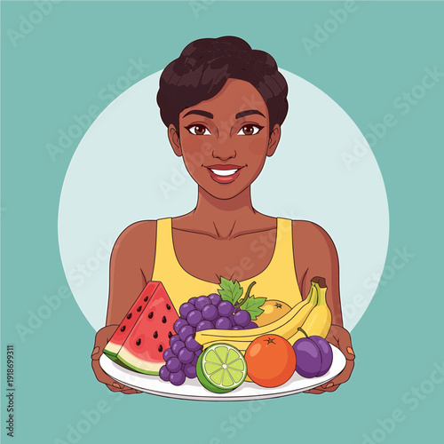 A smiling Black woman holding a plate filled with a variety of fresh fruits like watermelon, grapes, bananas, orange, lime, and plum.