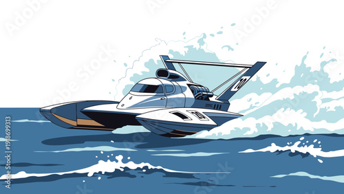Futuristic white racing speedboat speeding across the deep blue ocean water creating large white splashing waves.