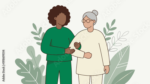 Young woman providing support to an elderly woman, caregiver illustration