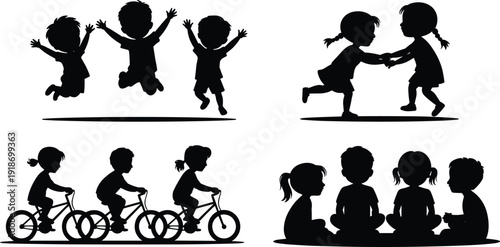 Children silhouettes playing together jumping cycling and sitting isolated on white background expressing childhood joy friendship lifestyle concept