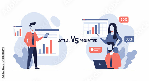Businesspeople analyzing actual versus projected data charts.