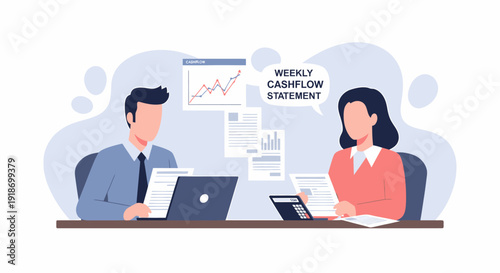 Businesspeople analyzing weekly cash flow statement financial data together.
