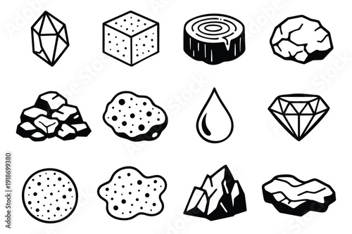 Hand drawn line art elements set featuring crystals, rocks, a tree stump, and a water drop for geology and resource concepts