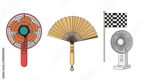 Collection of cooling devices including an electric table fan, a handheld folding fan, and a mini portable fan with a flag.