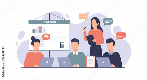 Businesswoman leading a presentation to a diverse group of professionals.