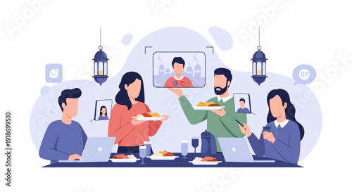 Family and friends celebrate holiday with virtual video call dinner party.