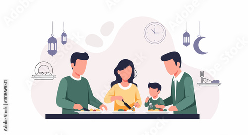 Family enjoying a meal together during Ramadan celebration.
