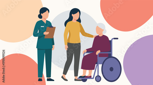 Healthcare worker and caregiver assisting senior woman in wheelchair