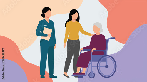 Healthcare professional and caregiver supporting elderly woman in wheelchair