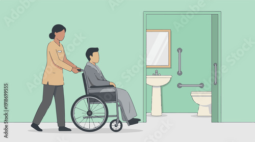 Caregiver assists person in wheelchair to an accessible bathroom.