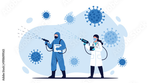 Medical team in hazmat suits and masks using specialized sprayers to disinfect against floating blue virus particles.