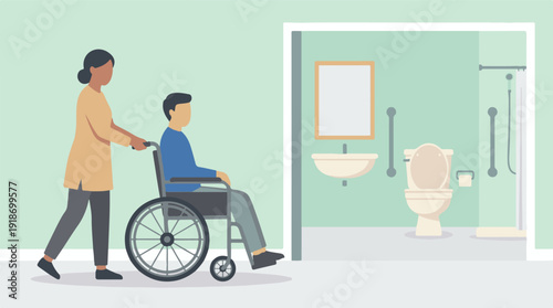 Caregiver assists man in wheelchair into an accessible bathroom illustration