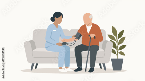 Caregiver taking blood pressure of an elderly man during a home visit