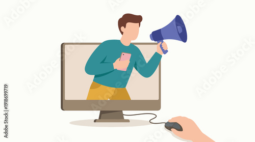 Digital marketing concept: man with megaphone and smartphone from computer