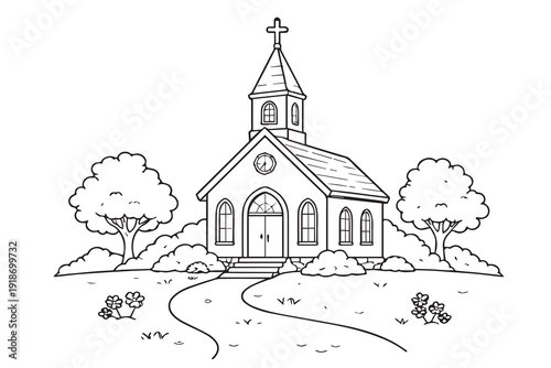 A simple vector illustration of a small chapel church, designed with soft shapes and gentle details, creating a warm, peaceful, and welcoming atmosphere.