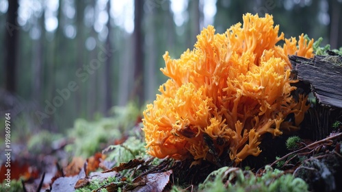 Vibrant yellow coral fungus growing outdoors on a mossy log in a forest