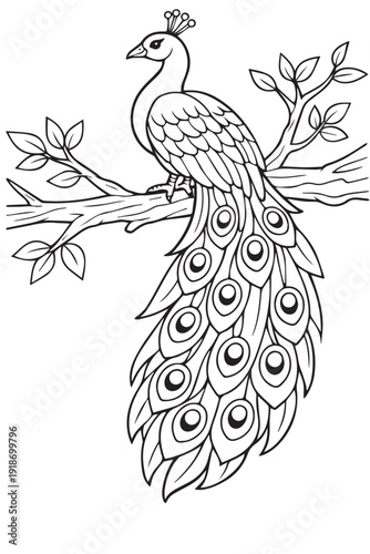 A black and white vector illustration of a graceful peacock standing on a tree branch, featuring elegant feathers and clean lines for a detailed coloring design.