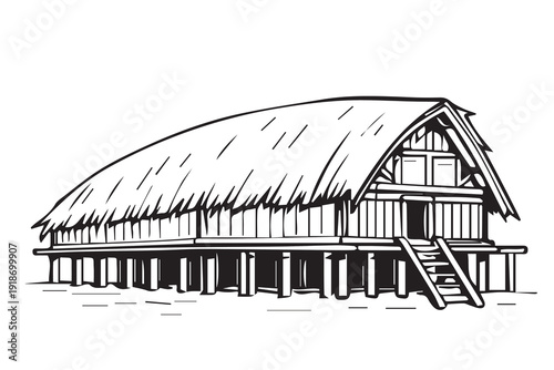 A clean vector artwork showing a traditional Asmat home from Indonesia, designed with minimal lines and shapes to express authenticity and cultural pride.