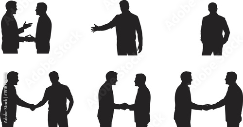 Business people silhouettes shaking hands greeting and negotiating isolated on white background symbolizing partnership agreement trust communication teamwork