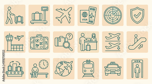 Airport and Air Travel Line Art Icons Set for Transportation