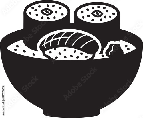 Black and white illustration of a decorative clay pot with bread and utensils inside home kitchenware