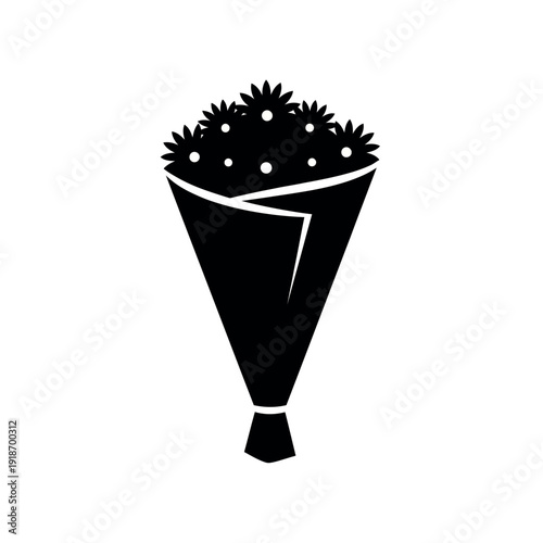 Bouquet of flowers in a coneshaped wrapper.