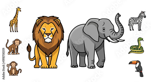 A large wild elephant and a rhino stand isolated on a white background in this vector illustration of safari animals from the wild nature of India