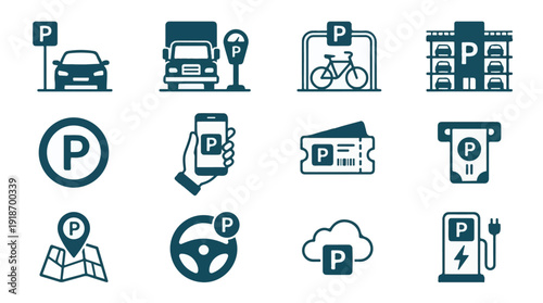Parking services and solutions vector icons set