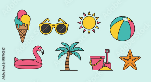 Tropical summer beach icon set featuring sea, sun, and island travel illustrations including palm trees, umbrellas, and cocktails for vacation design