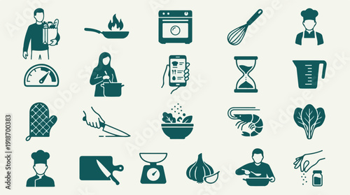 Flat design icons for cooking, kitchen, food preparation, and culinary activities