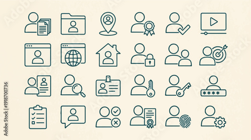 User profile, security, and account management outline vector icons set