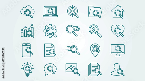 Collection of diverse search and find line icons for digital concepts