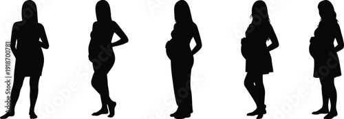 Pregnant woman silhouettes standing side view poses isolated on white background maternity motherhood pregnancy vector illustration set