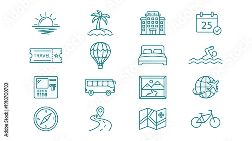 Collection of travel, vacation, and tourism line icons set