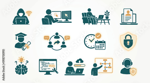 Flat Design Icon Set: Technology, Business, Education, and Cybersecurity