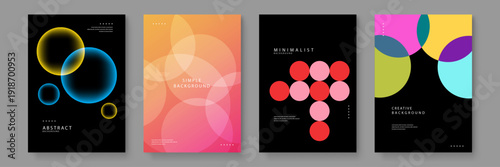 A set of four minimalist posters featuring colorful overlapping circles and glowing neon shapes on dark and gradient backgrounds