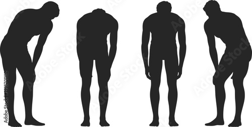Tired exhausted male silhouette standing in bent painful poses isolated on white background fatigue stress body language concept