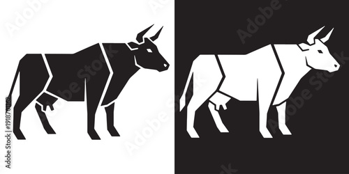 Stylized graphic representation of a cow in black and white, symbolizing duality and contrast.