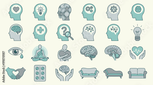 Vector set of mental health, psychology, and wellness icons