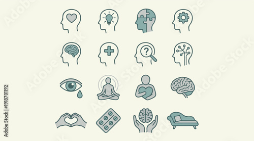 Mental health and psychology icon set for mind and emotional well-being
