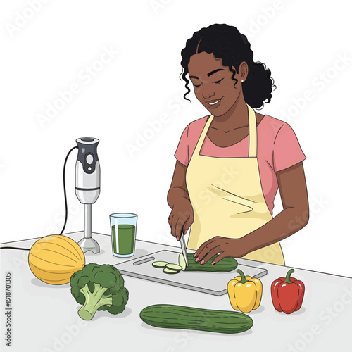 A smiling woman in an apron is preparing healthy food, chopping a cucumber on a cutting board with various fresh vegetables and a blender nearby.