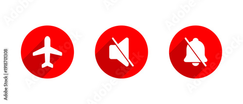 Airplane, mute, and silent bell mode icon with long shadow. Flight, no sound, and notification off symbol