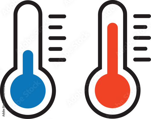 Hot and cold temperature thermometer icons showing low and high levels isolated on white background weather climate vector illustration set