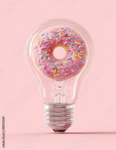 A pink frosted donut sits inside a transparent light bulb against a pastel pink backdrop