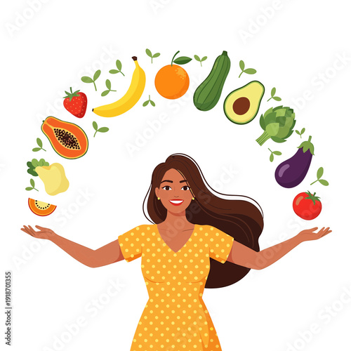 A smiling woman in a yellow dress with a vibrant arc of fresh fruits and vegetables floating above her, symbolizing healthy eating and a balanced diet.