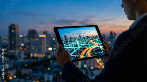 Businessman holding digital tablet displaying smart city network infrastructure over urban skyline at sunset hour