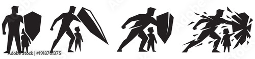Father protecting his child with a shield from danger, symbolizing safety and security.