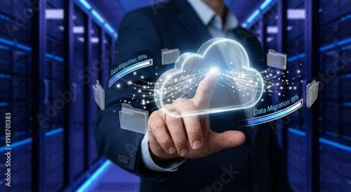 Businessman interacting with cloud computing hologram inside data center showing migration progress on server racks